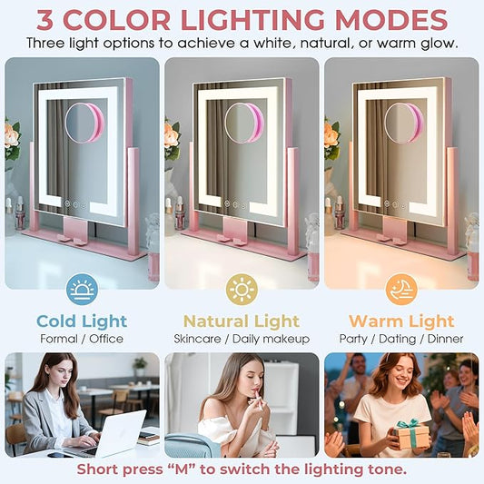 Kottova Vanity Mirror with Lights, Lighted Makeup Mirror, Smart Touch Control, Dimmable 3-Color Lights, Lighted Mirror with Detachable 10X Zoom Mirror, 360° Rotation, Metal Frame(Pink)
