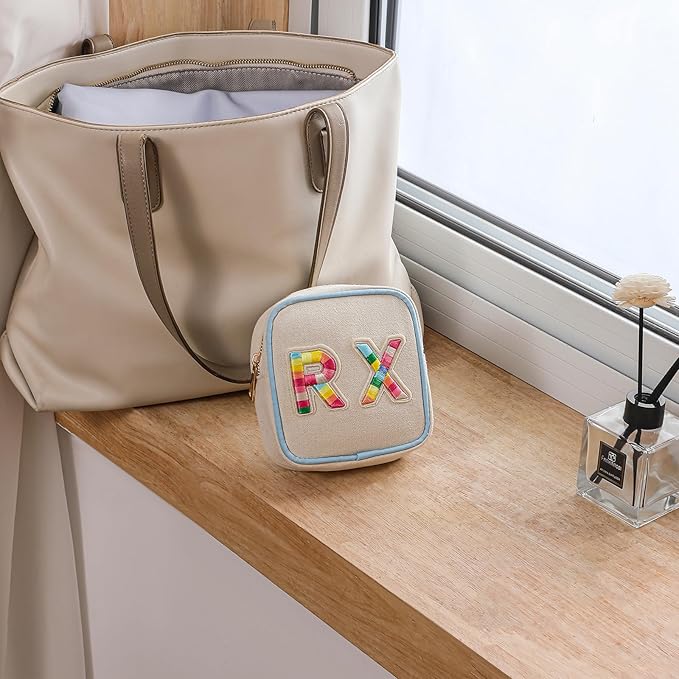 Small Canvas Rx Medicine Packages, Cute Chenille Letter Patch Drug Makeup Bag with Metal Zipper, Mini Travel First Aid Purse Organizer Machine Washable (03Blue-Rainbow)