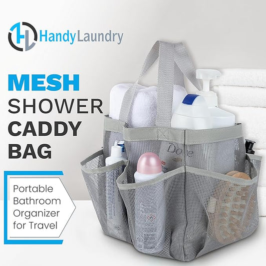 Handy Laundry Masirs Mesh Shower Caddy - 7 Pocket Portable Bathroom Organizer Tote for Travel, Gym & Dorm - Collapsible Small Shower Caddy Bag to Hold Toiletries & Essentials (Gray)
