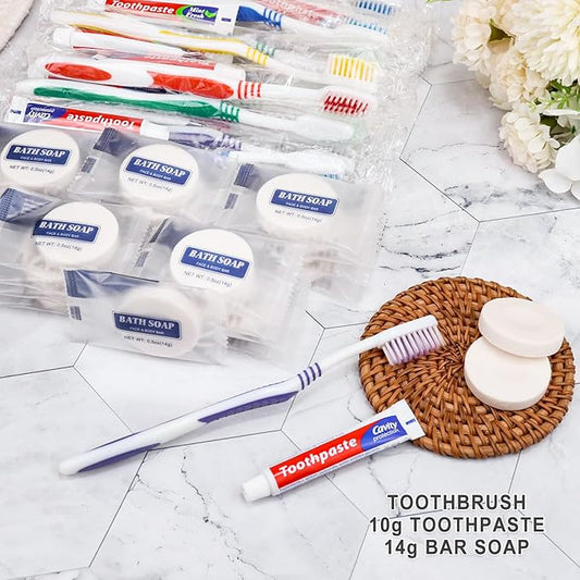 10 Set Disposable Toothbrushes with Toothpaste and Soap Individually Wrapped, 10 pcs Toothbrushes, 5 Colors with 10pcs Bar Soap(0.5 oz)