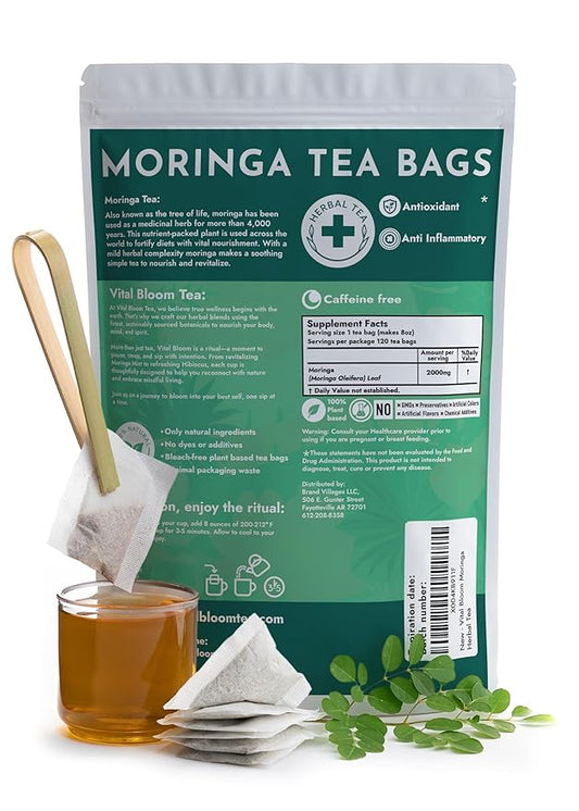 Vital Bloom 120 Tea Bags Moringa Tea, 100% Natural Moringa Leaves Herbal Tea, Supporting Digestion & Immune System - Bleach Free Tea Bags, Non-GMO (Free Bamboo Tongs Included)