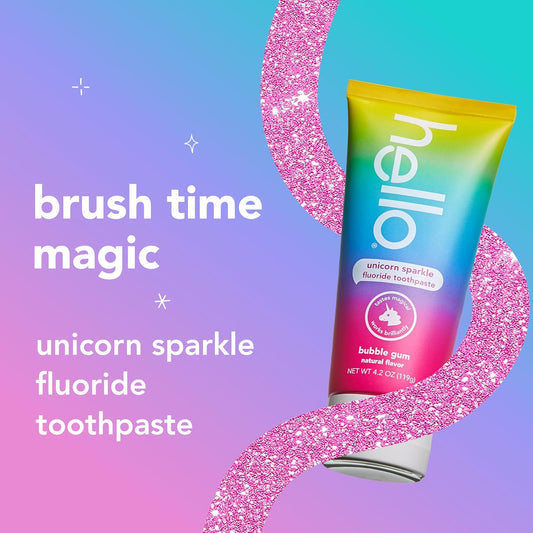 hello Unicorn Sparkle Kids Toothpaste with Fluoride, Bubble Gum Toothpaste, 4.2 Oz Tube (Pack of 3)