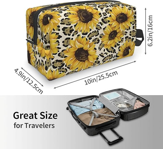Sunflower Leopard Toiletry Bag for Women Men Portable Travel Wash Bag Waterproof Gym Shaving Toiletries Cosmetic Organizer Bag, Shower Bathroom Toiletries Accessories Makeup Bag with Handle