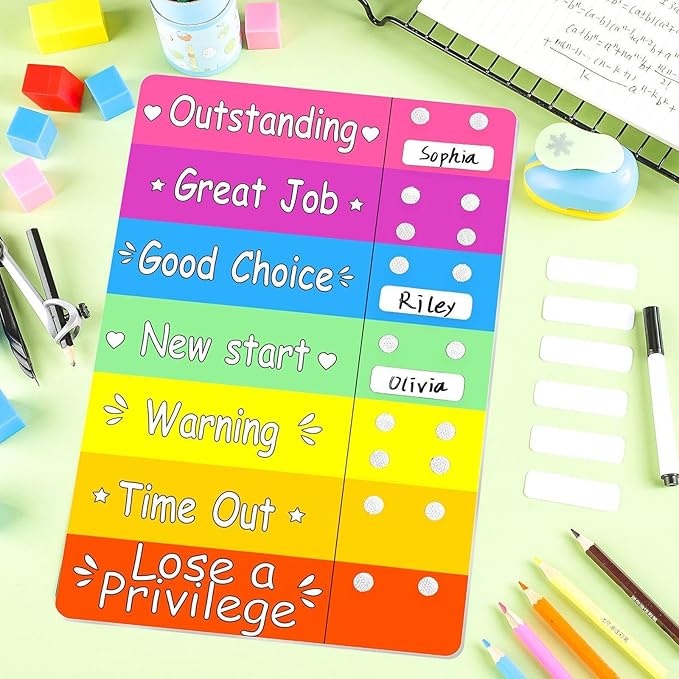 Geyee Colorful Behavior Chart for Multiple Kids Reward Incentive Behavior Chart with 12 Pieces Blank Movable Name Pieces Kids Board for Home School Classroom, 12.8 x 8.6 Inches (Vivid Colors)