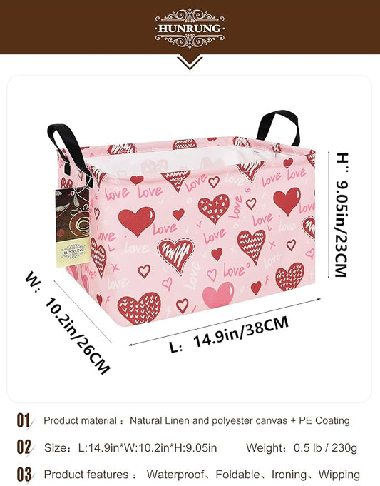 HUNRUNG Rectangle Storage Basket Cute Canvas Organizer Bin for Pet/Children Toys, Books, Clothes Perfect for Rooms/Playroom(REC-Pink Love Heart)