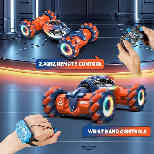 Remote Control Car for Boys - RC Cars for Boy Age 4-12, Gesture Sensing RC Stunt Drift Car for Kids Toys 4 5 6 7 8 9 10 11 12 Year Old Boy Birthday with Cool Lights Music (Orange)