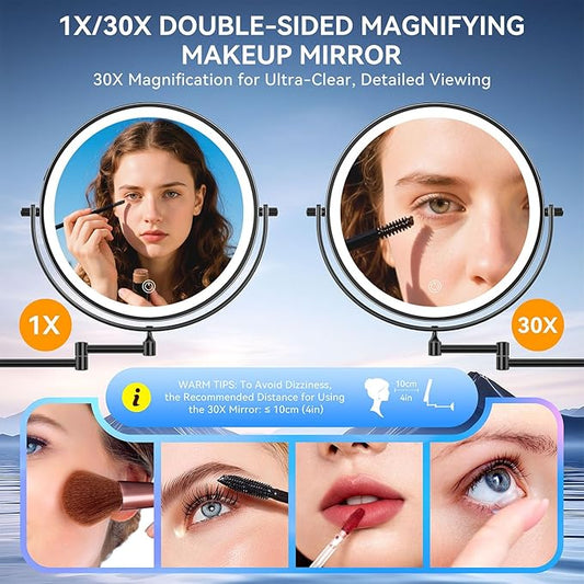 10'' 30X/1X Wall Mounted Lighted Makeup Mirror, 5000mAh Rechargeable Double-Sided Magnifying Mirror with Light, LED Vanity Mirror Touch Dimmable 3 Colors 360° Rotation Extended Foldable Arm, Black