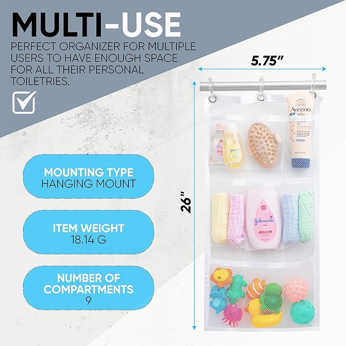 Handy Laundry Hanging Shower Organizer (2-Pack) - 9-Pocket - Mesh Caddy with Deep Storage Pockets for Organizing Bathroom Toiletries and Kids Bath Toys - Hang on Existing Shower Curtain Rings