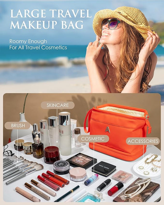 Bridesmaid Gift, Initial Makeup Bags, Personalized Double Layer Cosmetic Bag with Makeup Brush Organizer, Waterproof, Large Capacity PU Leather Travel Toiletry Bag