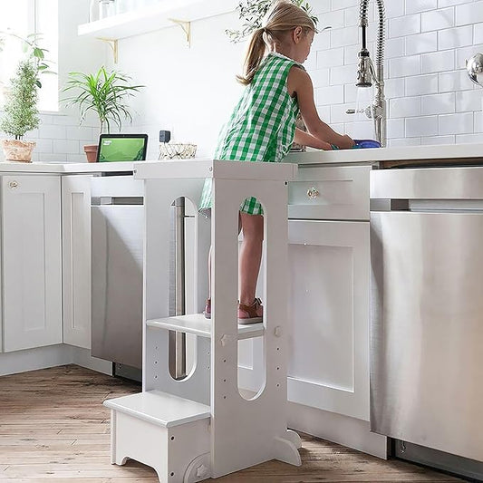 Little Partners Foldable Toddler Tower, Learning Tower Explore 'N Store Montessori Standing Kitchen Tower with Folding Step Stool Platform for Cooking and Learning, Ages 2+ (Soft White)