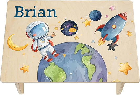 Step Stool for Toddlers- Personalized Wood Kids Step Stool with Name for Kitchen Sink, Bathroom, Potty Training, Toilet, Kitchen Sink- Sturdy and Safe- Made in USA by BloomOwl (Astronaut)