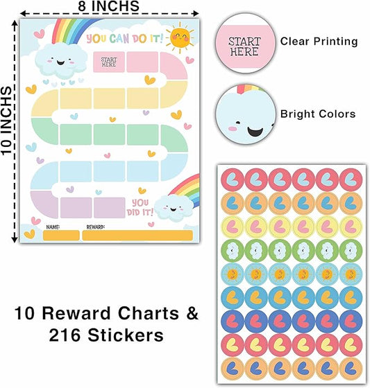 10 Rainbow Reward Chart with 216 Round Stickers, Incentive Behavior Chart for Kids at Home Classroom, Kids Routine Daily Chore Sticker Chart-A16