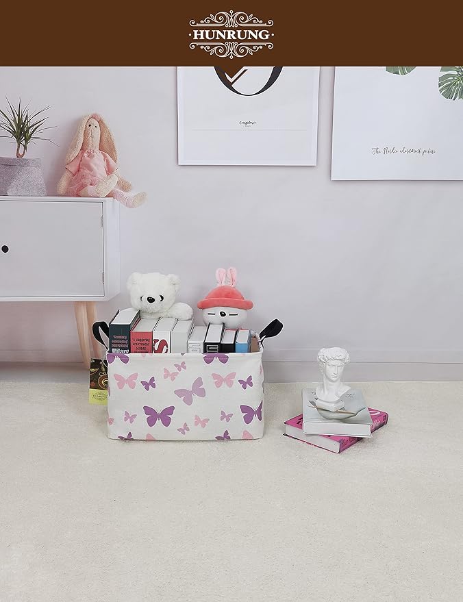 HUNRUNG Rectangle Storage Basket Cute Canvas Organizer Bin for Pet/Children Toys, Books, Clothes Perfect for Rooms/Playroom(Rec-Butterfly)