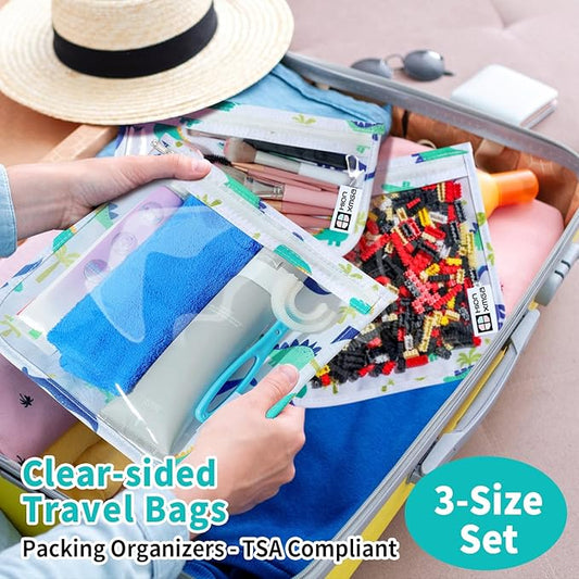 TSA Approved Toiletry Bag, Set of 3 Clear Travel Toiletry Bag Quart Size Zipper Travel Pouch, Waterproof Makeup Cosmetic Bag for Women Men Kids Toiletries Carry on, Dinosaur White