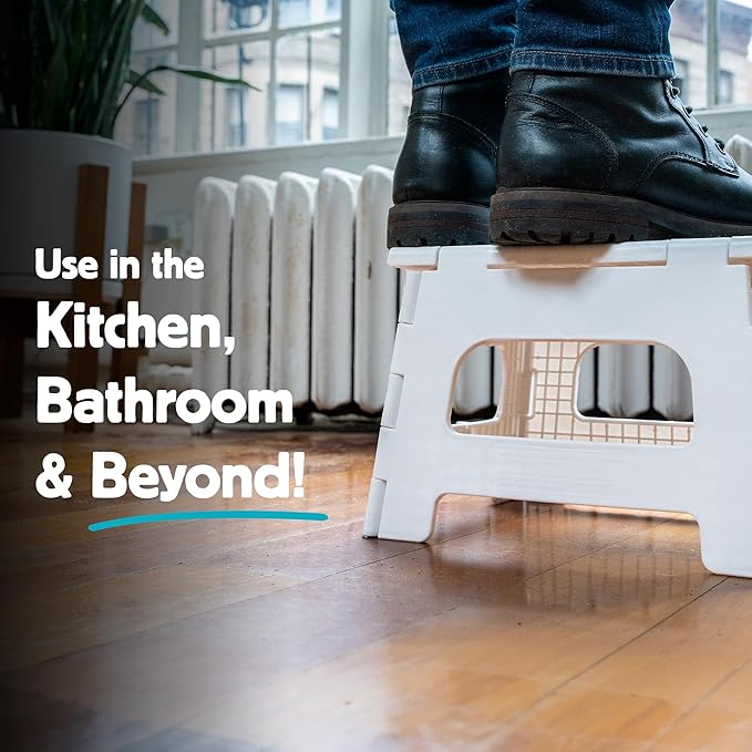 Kikkerland Rhino Foldable Step Stool – Holds Adults up to 300 Lbs, Best for Kitchen & Bathroom – Collapsible, Portable, Lightweight Stepping Stool with Sturdy, Non-Slip Design – White, 8”
