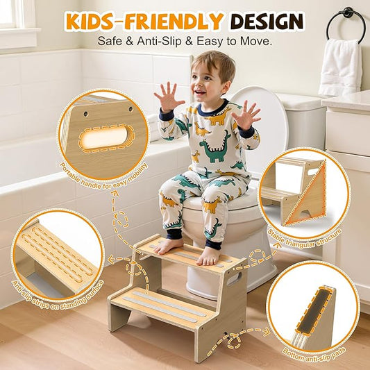 Step Stool for Toddler, Sturdy Wooden 2-Step Stool with Anti-Slip Surface and Pads for Barthroom, Kitchen, Bedroom, Toilet, and Potty Training - 2 Pack