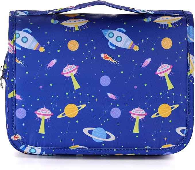 Kids Hanging Toiletry Bag for Boys, Travel Toiletry Bag for Little Young Boys Waterproof Wash Bag Toddler Traveling Toiletries, Space Blue
