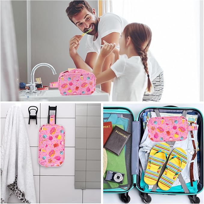 Kids Toiletry Bag for Girls, Travel Toiletry Bag for Little Young Girls Cosmetic Bag Makeup Bag Waterproof Hanging Wash Bag Toddler Toiletries, Candy Pink