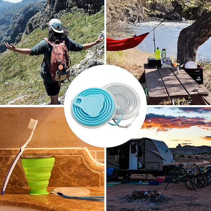 Litoexpe 2 Pack Silicone Collapsible Travel Cup Portable Folding Camping Cup Sets with Lids, Grey & Blue