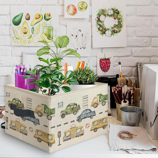 Car Boy Foldable Storage Bins Box with Handles, Transport Vehicles Collapsible Toys Books Clothes Organizer Basket for Kids Boys Toddler Bedroom Bathroom Nursery