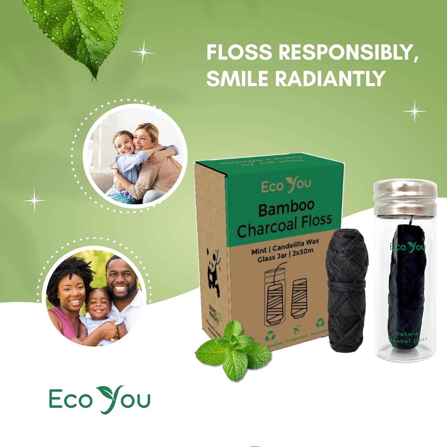 Charcoal Bamboo Floss | 2 Natural Floss Refill with Glass Container | Organic Mint & Candelilla Wax | Vegan & Biodegradable | Compatible w/Similar Dental Floss Silk Refill Containers