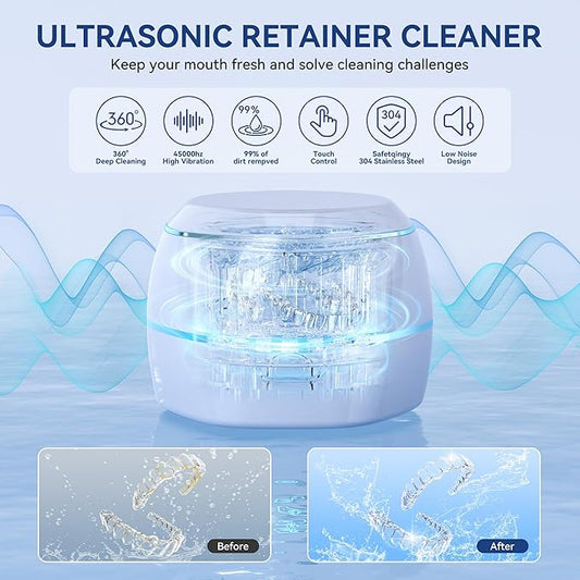Ultrasonic Retention Cleaner,45kHzRetainer Cleaner Machine for Denture, Mouth Guard, Night Guard, Aligner, Braces, Toothbrush Head & Jewelry,245ML Dental Cleaning Pod