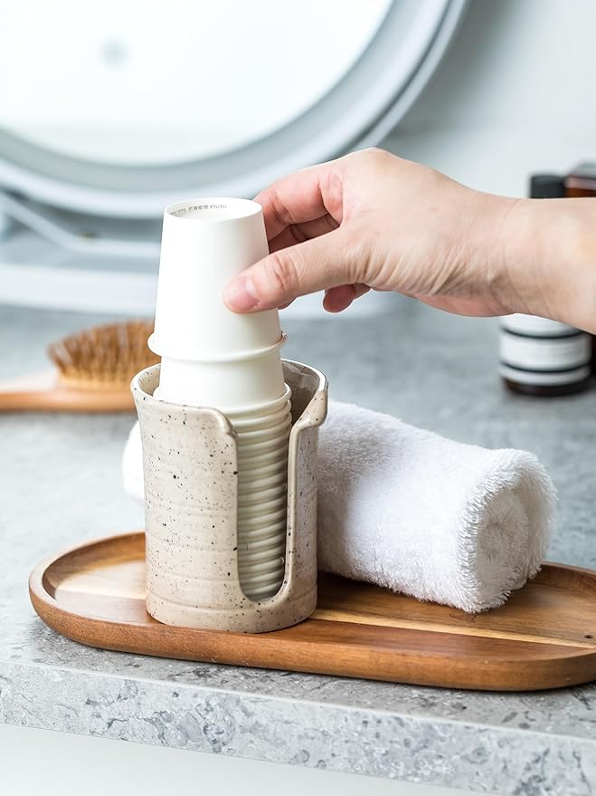 Bathroom Cup Dispenser 3 Oz, Bathroom Cup Holder for Dixie Cups Mouthwash Cup Dispenser, Small Paper Cups Holder for Bathroom Countertop, Ceramic, Speckled White