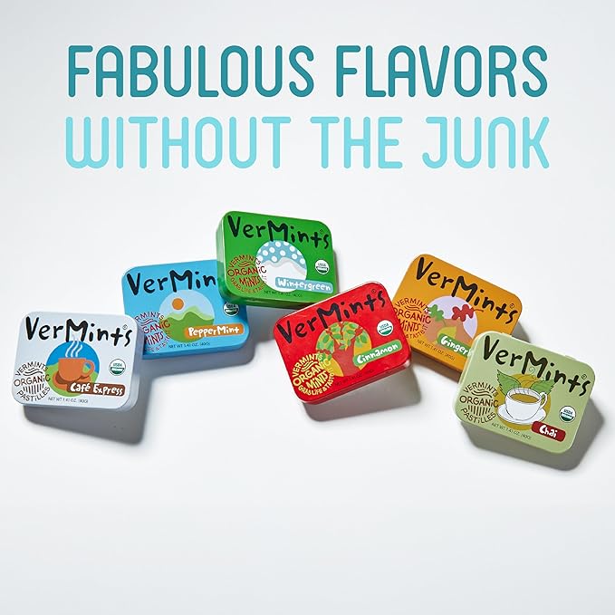 VerMints Organic Breath Mints PepperMint Candy Mints for Real Long-Lasting Flavor, Travel Size Tin - Non-GMO, Nut Free, Gluten Free, Vegan, Kosher Peppermints - 1.41oz Tins (Pack of 6)