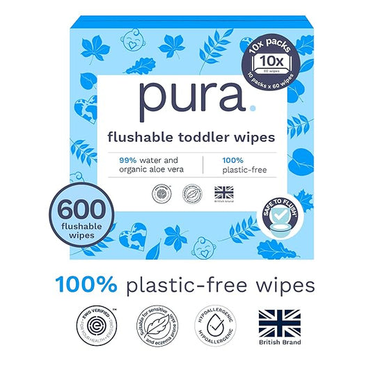 Pura Flushable Toddler Wipes 10 x 60 Wipes (600 Wipes), 100% Plastic Free, 99% Water, Hypoallergenic & Fragrance Free, Totally Chlorine Free, Kids Toilet Wipes, Sensitive Skin