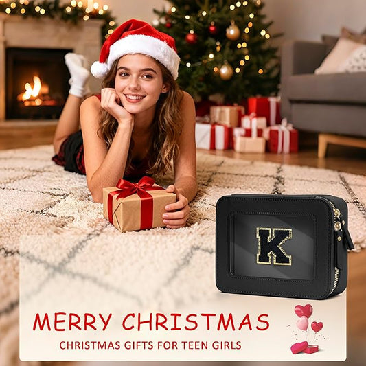 Initial Travel Toiletry Bag - Cosmetic Bags for Girls with Zipper, Clear & Potable Makeup Bag for Travel, Cosmetic Pouch Perfect Gifts for Graduation (Black, K)