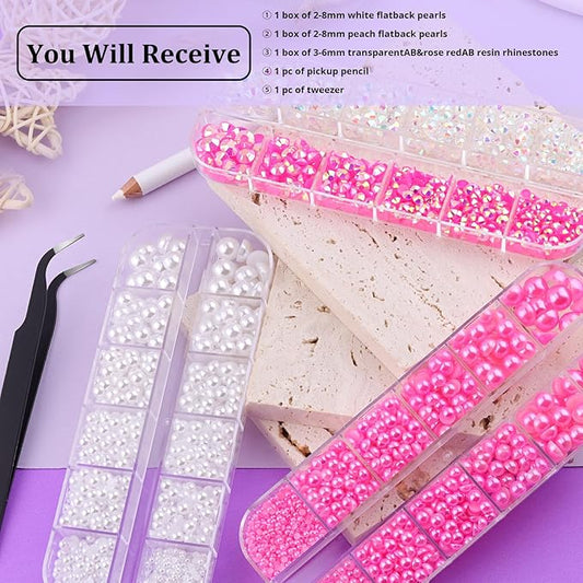 3 Boxes Flat Back Pearls&Rhinestone Kit 10 Flatback White&Peach Half Round Pearls+Resin Gems 2-8mm with Pickup Pencil and Tweezer for Home DIY and Professional Nail Art, Face Makeup and Craft