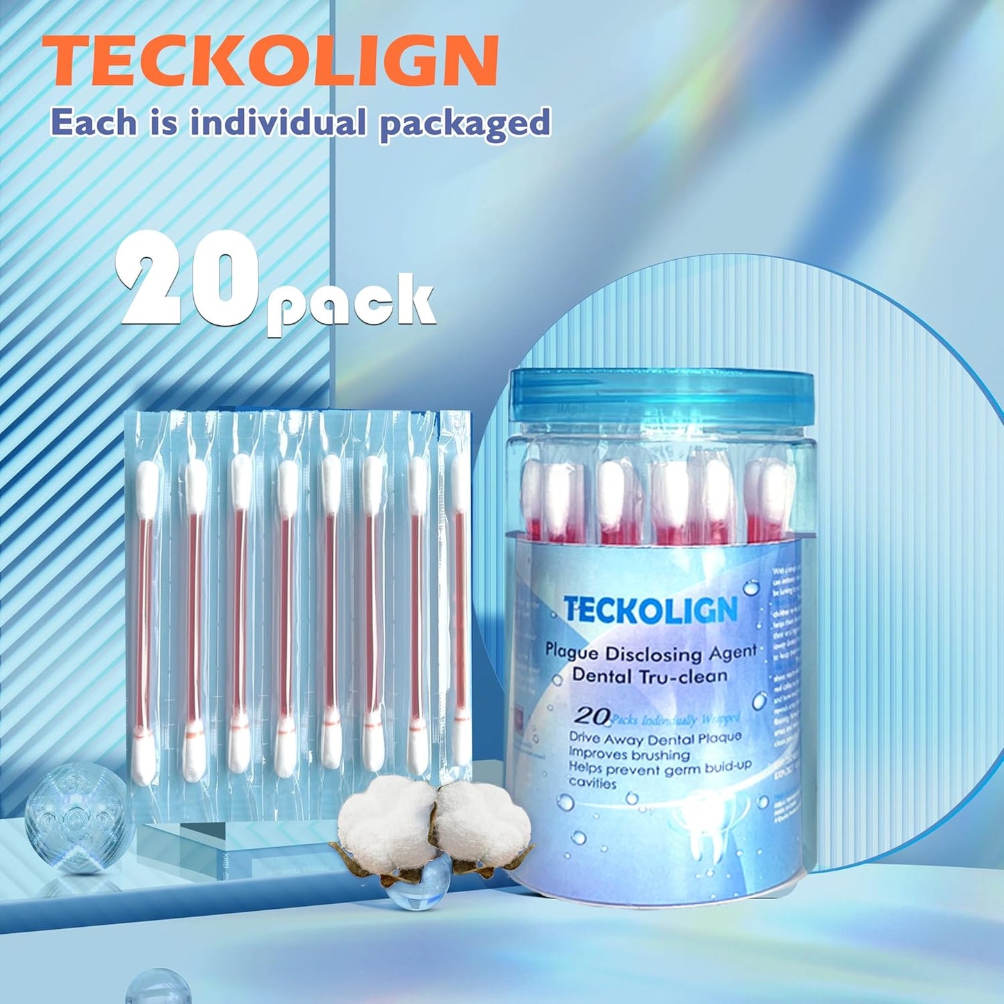 Dental Plaque Disclosing Agent, Plague Display Cotton Swab(not Tablets) Indicator, for Kids & Adults, Shows Plaque,Helps Teach Brushing Habits, Dental Care Kits, 20 Count in 1 Pack