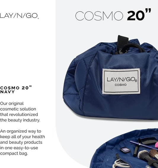 Lay-n-Go Cosmo Layflat Drawstring Cosmetic & Makeup Bag Organizer w/Zipper Pocket, Brush Loops & More, Cinch to Close, Lay Flat to Use, Durable, Machine Wash, Travel Toiletry Bag (20", Navy)