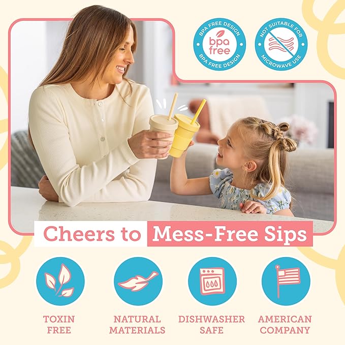 Grow Forward Bamboo Kids Cups with Lids and Straws - 10oz Drinking Cups for Kids with Childproof Twist Lids & Silicone Straws - Eco Friendly, BPA Free, Non Toxic & Dishwasher Safe - Paradise