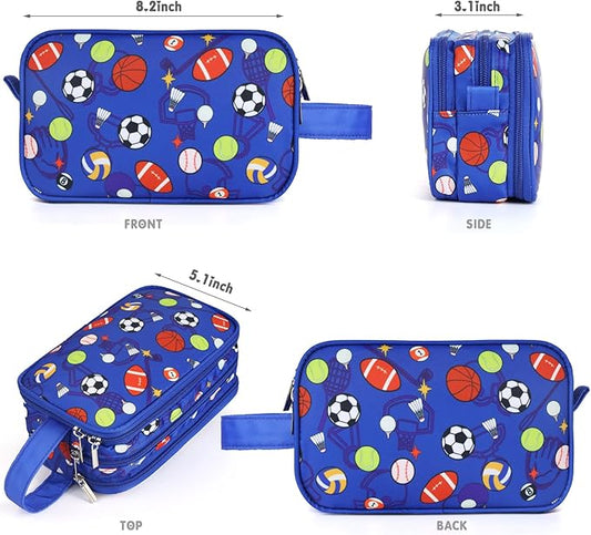 Kids Toiletry Bag for Boys, Travel Toiletry Bag for Little Young Boys Waterproof Hanging Wash Bag Toddler Traveling Toiletries, Soccer Balls Blue