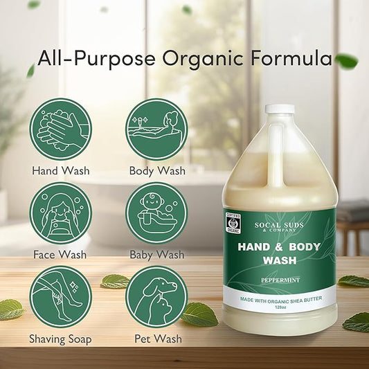 SoCal Suds & Company 128oz Certified Organic Hand & Body Wash w/Shea Butter- Gentle Natural Body,Baby & Face Wash for Sensitive Skin, Moisturizing Thick Castile Soap, Hand Soap and More - Peppermint