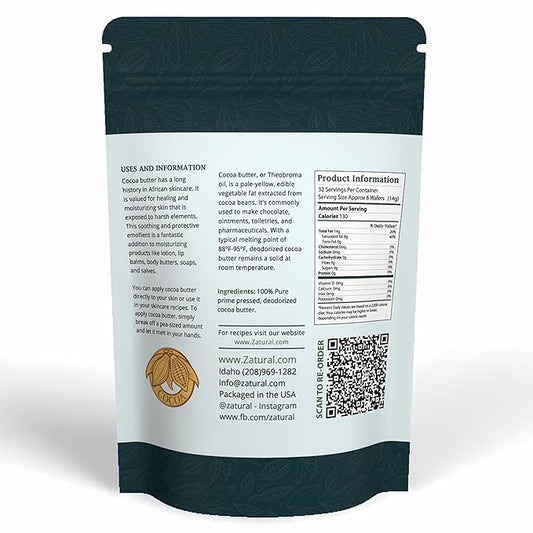 Zatural RAW Cocoa Butter-Deodorized Food Grade | 100% Pure-Prime-Pressed | DIY Lotion, Body Cream, Lip Gloss Base. (16 Ounce Deodorized Wafers)