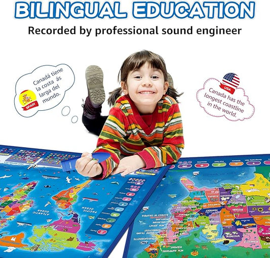 Bilingual Interactive for Kids Talking USA Map World Map for Kids Learning, Geography Toys Games Educational Electronic Map Personalized Gift/Toys for 4 5 6 7 8 9 10 Year Old Girls/Boys