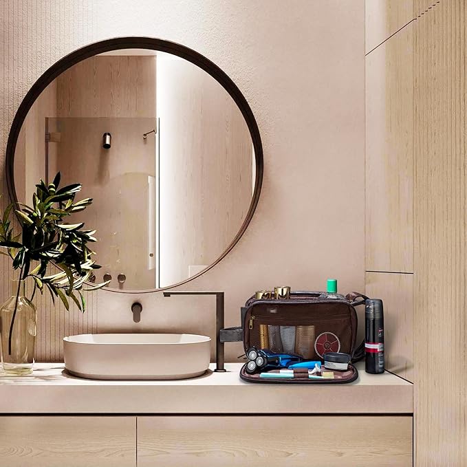 Elviros Toiletry Bag for Men, Large Travel Shaving Dopp Kit Water-resistant Bathroom Toiletries Organizer PU Leather Cosmetic Bags