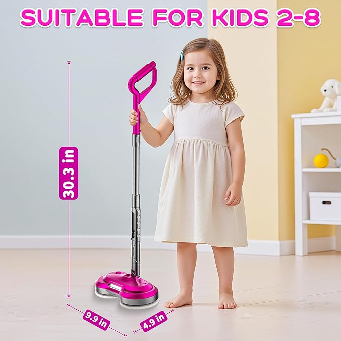 Kids Electric Spin Mop Toy, Rechargeable Cordless Electric Mop W/Water Sprayer & LED Headlight for Children Ages 3 4 5 6+ Boys & Girls, Cleaning Toy for Pretend Play (Rose Red)