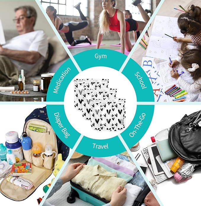 TSA Approved Toiletry Bag, Set of 3 Clear Travel Toiletry Bag Quart Size Zipper Travel Pouch, Waterproof Makeup Cosmetic Bag for Women Men Kids Toiletries Carry on, Hearts Large