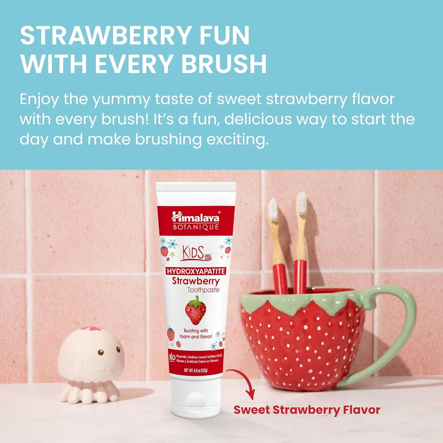 Himalaya Botanique Kids Hydroxyapatite Toothpaste, Strawberry Flavor - Nano Hydroxyapatite to Support Remineralization and Restore Enamel, Fluoride-Free, Vegan, Gluten Free, 4 oz