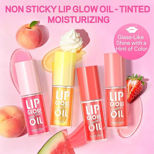 Lip Oil, Tinted Lip Glow Oil – Hydrating & Nourishing, Lip Oils Gift Set, Fruity Plumping Lip Oil Non-Sticky & Glossy Finish, 4 Colors Lip Oils Stain for Girls and Women - Moisturizing Gloss