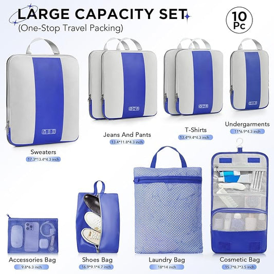10 Set Compression Packing Cubes for Travel Essentials,Compressible Expandable Packing Cubes for Suitcase,OlarHike Luggage Organizer Bags for Travel,Handy Helper for Organizing Clothes(Klein Blue)