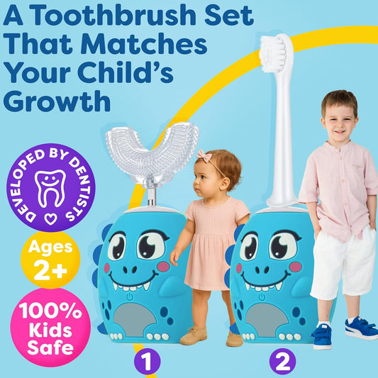 Trueocity Kids U Shape Toothbrush Auto Electric Toddler Rechargeable Kids Automatic Toothbrush | 360° U-Shaped Silicone Brush Head | Gentle Cleaning for Ages 2–7| Dinosaur Design (Blue)