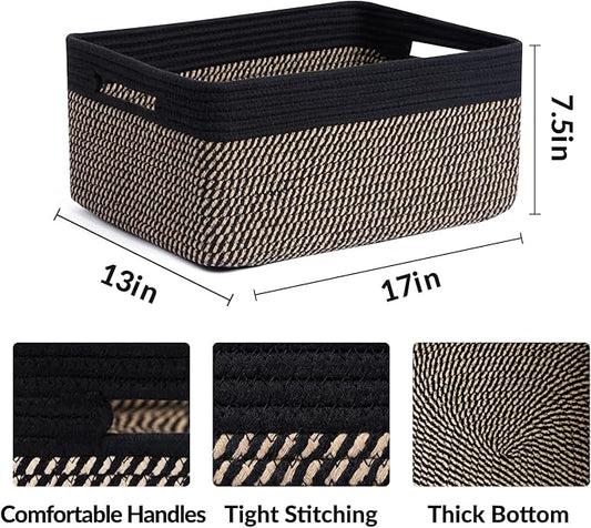 Large Storage Baskets for Shelves, Closet Organizers Bins for Clothes Blanket Towels, Baby Nursery, Toy Baskets Box, Woven Rope Baskets, 17 x 13 x 7.5”, 2 Packs Woven Brown