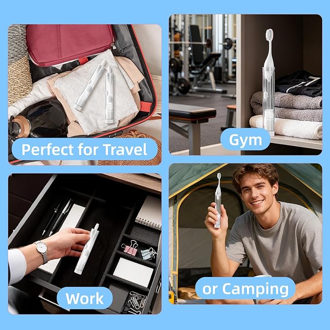 Travel Toothbrush with Built-in Toothpaste Container, Foldable Toothbrush with 2 Soft Brush Head, Portable Reusable Toothbrushes for Business Trips, Camping, Travel Size(White)