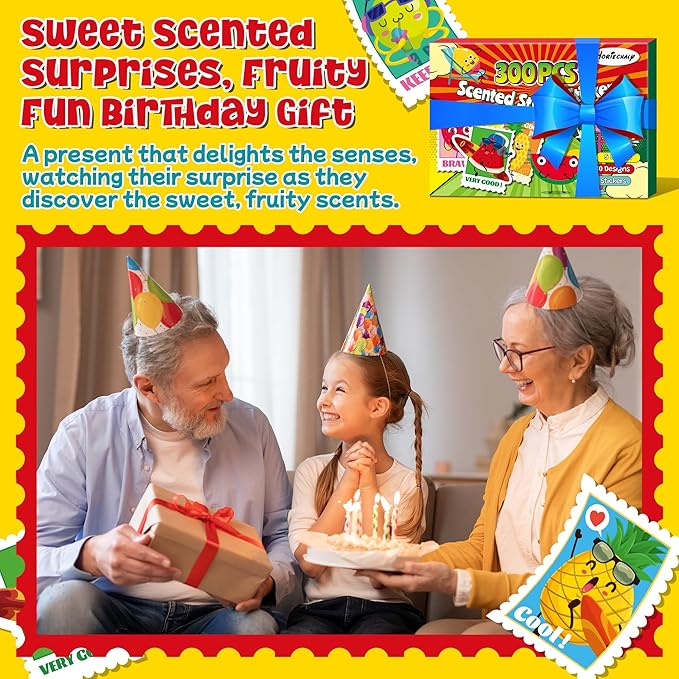 HORIECHALY 300Pcs Large Scented Stamp Stickers, Scratch N Sniff Sticker for Kids Smelly Motivational Reward Stickers for Teacher, Incentive Positive Decal for Student,School Supplies Gift