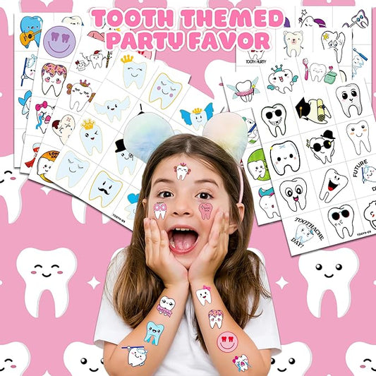 96 PCS Cute First Milk Tooth Dental Dentist Pre-Cut Temporary Tattoos for Kids Birthday Themed Party Supplies Decorations Favors Fairy Teeth Tattoo Stickers Gifts for Baby Girls Boys Rewards
