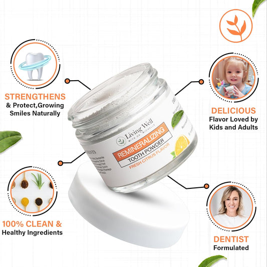 Living Well with Dr. Michelle Fresh Citrus Remineralizing Tooth Powder | Fluoride-Free Kids & Adults Formula | Hydroxyapatite for Enamel Support | Natural Ingredients for Stronger Smiles